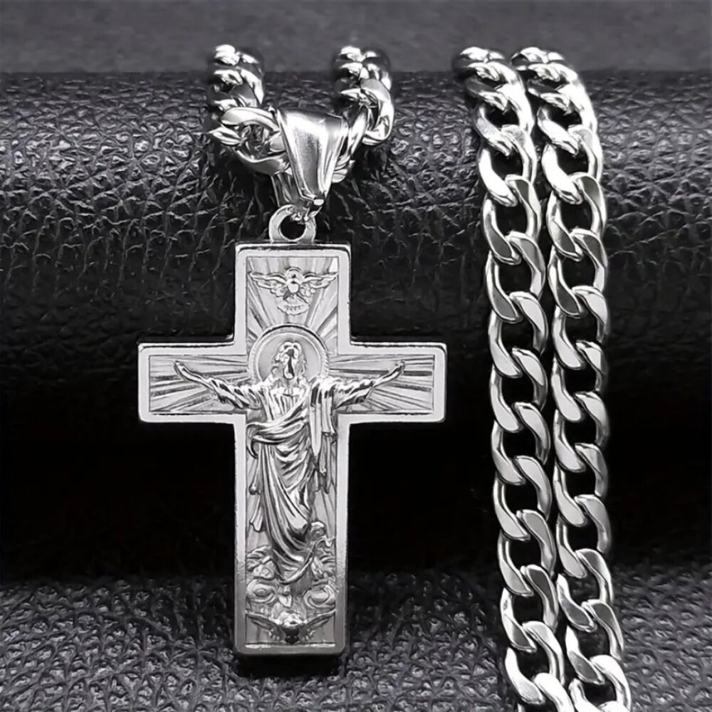 925 Silver Mens 24" Chain Link Cross Crucifix Necklace Guys Christian Jewelry